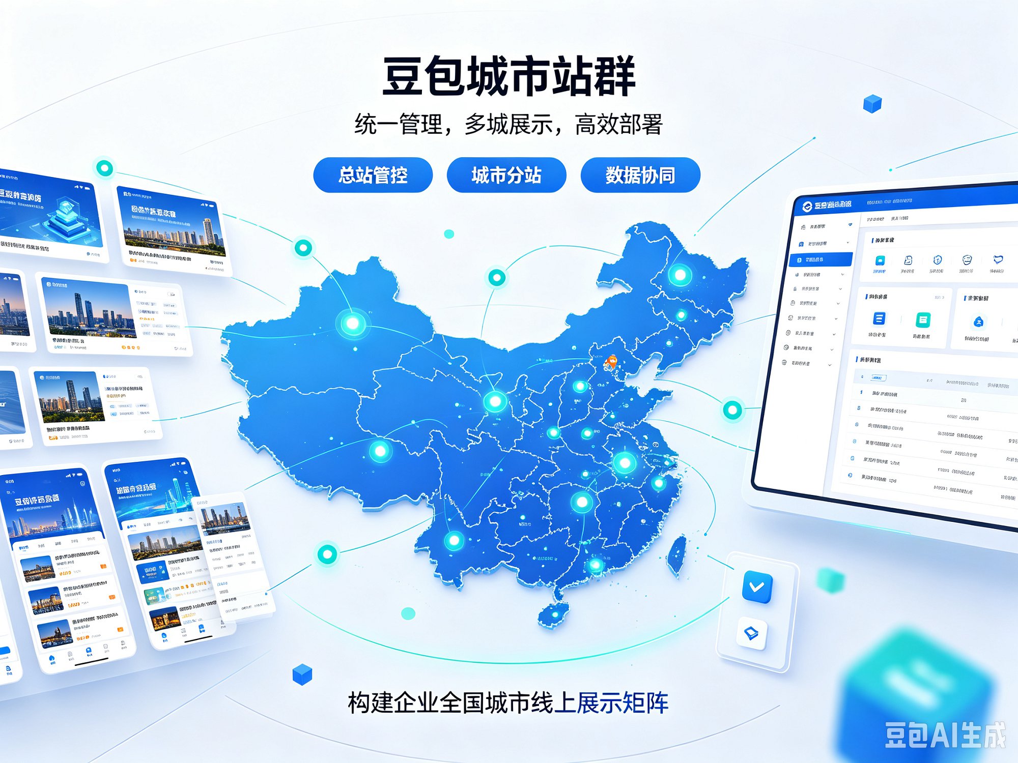 天酬网络多城市站群系统后台与3000+城市分站数据看板示意